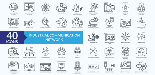 Industrial communication network icon collection set with augmented reality, distributed control, real time data, monitoring system, digital transformation