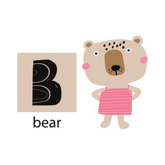 Animal alphabet letters. Cute baby animal letter B with bear. English alphabet for kids. animal cartoon character. Educational flat vector illustration.