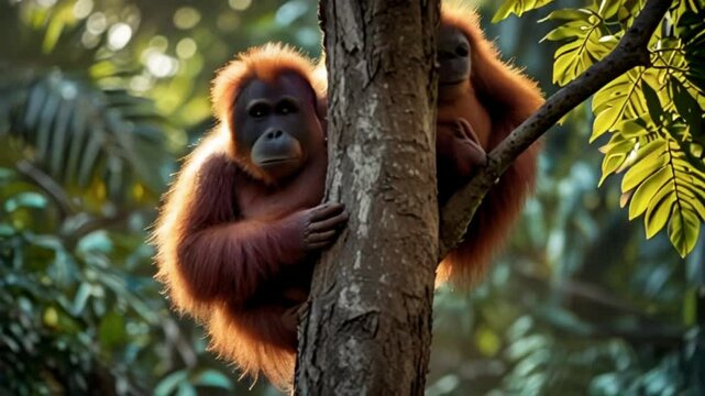 orangutan is on a tree, smooth 4k virtual video animation background