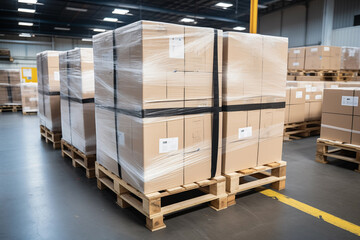 Stack of cardboard package boxes in delivery warehouse. Generative AI