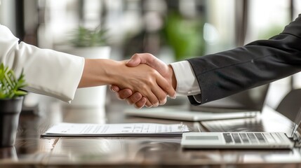Professional handshake between business partners at the office table, conveying agreement, teamwork, and partnership with documents and laptop.