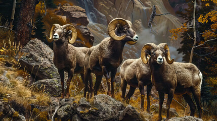 Fototapeta premium bighorn sheeps standing on the Rocky mountain.