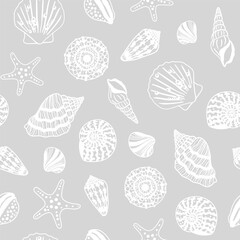 Sea bottom seamless pattern. Summer beach hand-drawn seaside vector print. Undersea world cartoon background with sea urchin, starfish, shell, coral. Seashore elements design for fabrics, wallpaper