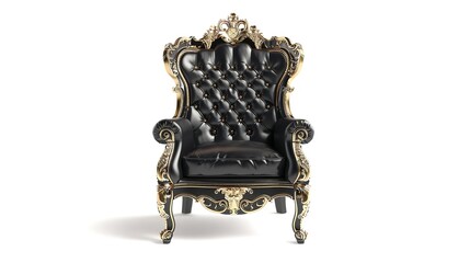 Throne Chair in Black Leather with Gold Accents on White Background

