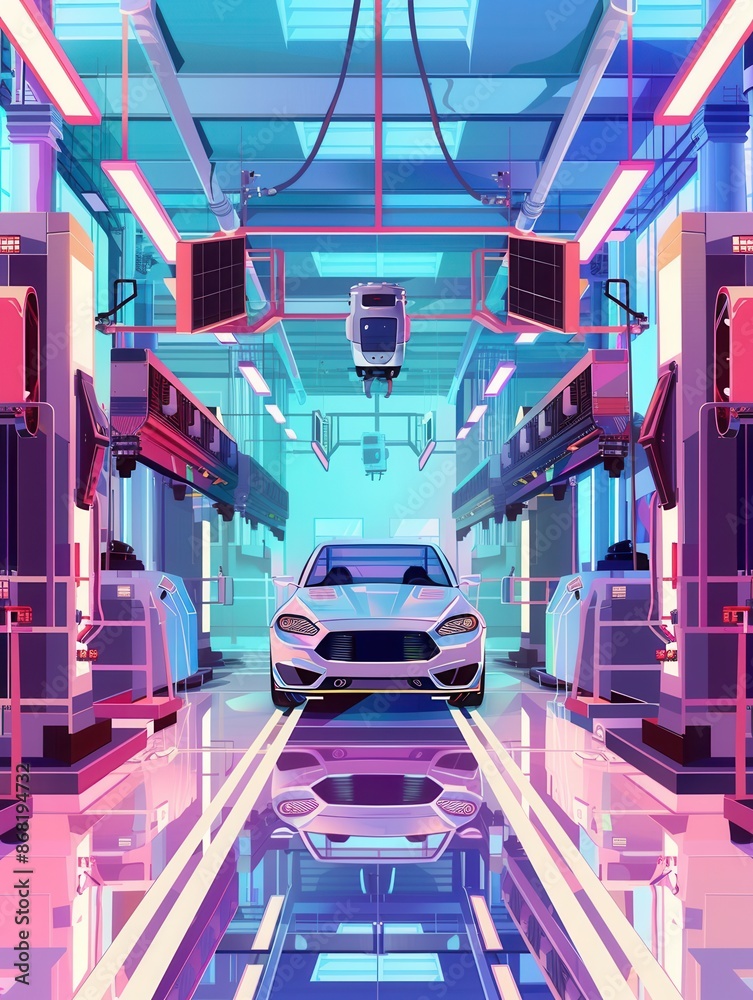 Poster A sleek and modern automotive painting shop featuring robotic systems for efficient and precise application of paint. Generative AI