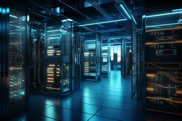 Server data room with futuristic telecommunication equipment. Generative AI