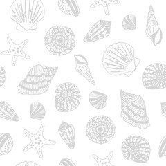 Sea bottom seamless pattern. Summer beach hand-drawn seaside vector print. Undersea world cartoon background with sea urchin, starfish, shell, coral. Seashore elements design for fabrics, wallpaper