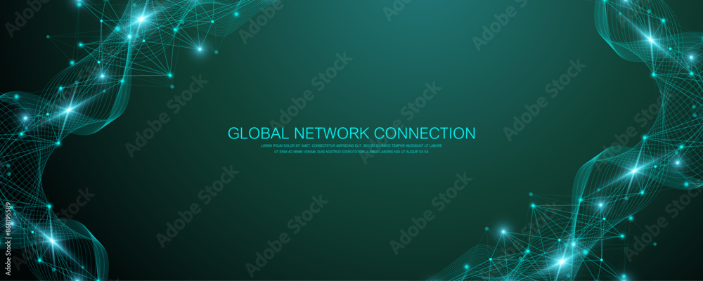 Poster Global network connection banner design template. Header social network communication in the global business concept. Big data visualization. Internet technology