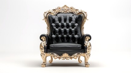 Throne Chair in Black Leather with Gold Accents on White Background

