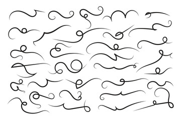 Curly swirl decorative swishes, Hand drawn calligraphy lettering ornate strokes, flourish swirling squiggle Highlight Swoosh typography text elements. Pen Filigree flourishes vintage scrolls