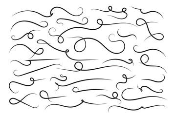 Curly swirl decorative swishes, Hand drawn calligraphy lettering ornate strokes, flourish swirling squiggle Highlight Swoosh typography text elements. Pen Filigree flourishes vintage scrolls