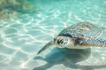 Obraz premium Sea turtle swims in blue water. Transparent blue sea water. Rest. Travel
