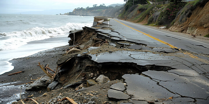 An eroded coastal road that has collapsed into the sea