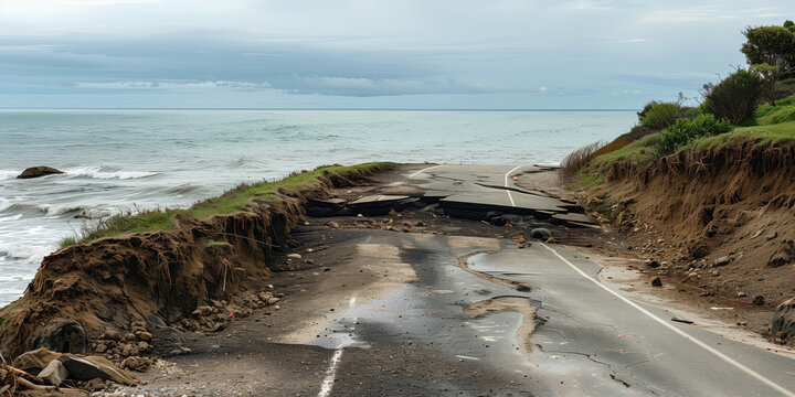 An eroded coastal road that has collapsed into the sea