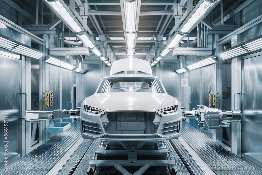 Poster a white car sits on a conveyor belt in a modern automotive factory, ready to be painted by robotic a