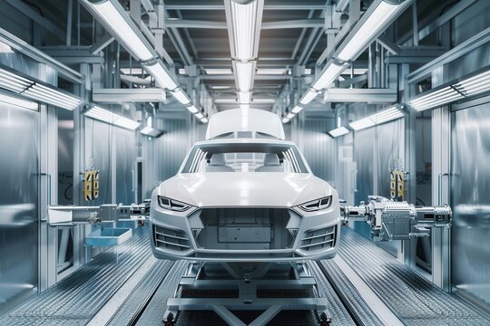 A white car sits on a conveyor belt in a modern automotive factory, ready to be painted by robotic arms. Generative AI