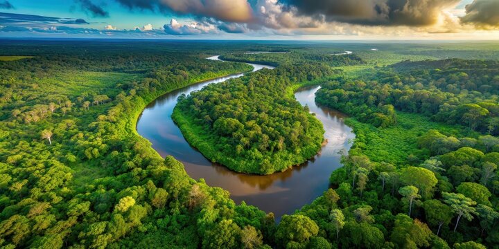 Aerial view of the lush Amazonas jungle landscape with a winding river bend, Amazonas, jungle, aerial view, river, bend