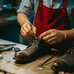 Fototapeta premium a shoemaker repairs damaged shoes