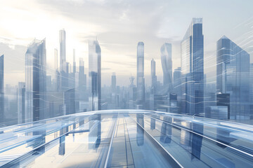 Fototapeta premium Blue lines and abstract curves in the foreground, a futuristic cityscape under a clear sky in the midground, glass buildings and skyscrapers in light colors provide a cityscape background