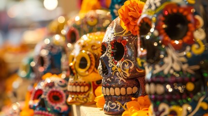 Fototapeta premium Day of the Dead Sugar Skulls Decorated with Marigolds
