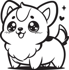 Adobe Illustrator ArtworkA cute cartoon corgi with big, sparkling eyes and a small tail, outlined in black and white.