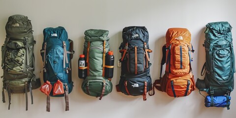 A diverse collection of six backpacks lined up on a clean wall, fully equipped with various essential outdoor gear, ready for an adventurous journey. - Powered by Adobe