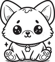 Adobe Illustrator ArtworkA cute cartoon corgi with big, sparkling eyes and a small tail, outlined in black and white.