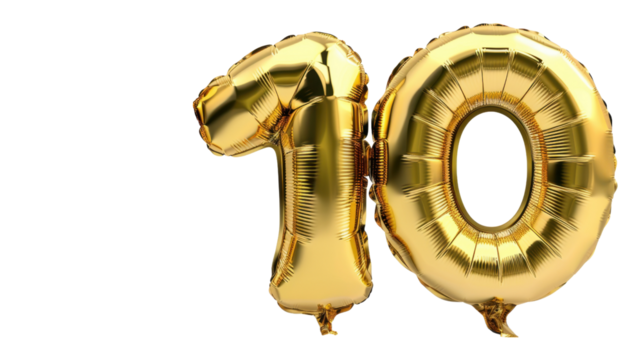 Gold balloon, Number ten balloon made of gold color on transparent  background