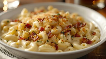 Creamy mac and cheese with smoked gouda and crispy prosciutto, presented in an elegant white bowl