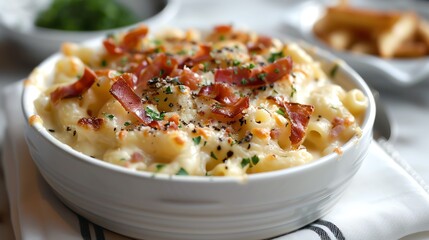Creamy mac and cheese with smoked gouda and crispy prosciutto, presented in an elegant white bowl