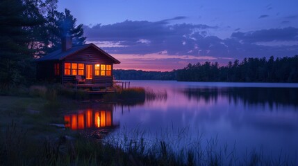 Fototapeta premium A quiet lakeside cabin at twilight, with a warm glow emanating from the windows, and the lake reflecting the deep blue and violet colors of the twilight sky