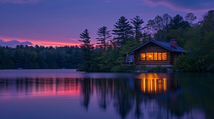 Fototapeta premium A quiet lakeside cabin at twilight, with a warm glow emanating from the windows, and the lake reflecting the deep blue and violet colors of the twilight sky