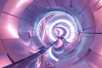 Abstract 3D rendering of futuristic, colorful tunnel or wormhole with neon lights. Concept of technology, science fiction, metaverse, and digital world