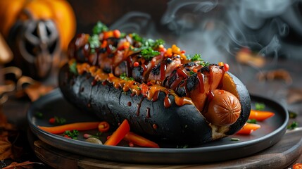 Halloween-themed hot dog with black bun, spicy sriracha mayo, and orange bell pepper strips, styled with spooky decorations and a foggy effect