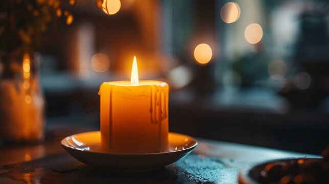 A single burning candle in a dark room, with the flame casting a warm, flickering light and soft shadows on the surrounding surfaces