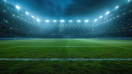 Illuminated Stadium Under Stormy Sky at Night with Empty Green Field