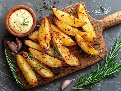 Herb-infused fries with rosemary and thyme, presented on a rustic wooden board with a side of garlic aioli