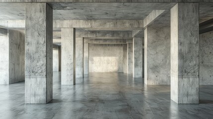 Modern Industrial Concrete Interior with Large Support Columns and Polished Floors