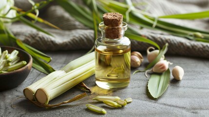 A small bottle of lemongrass oil with fresh lemongrass stalks and leaves, creating a refreshing and aromatic atmosphere
