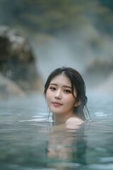Fototapeta premium A beautiful woman bathe in a natural hot springs with steam rising, with a softly blurred background of rocky terrain and greenery. 