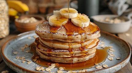 Oatmeal pancakes with a stack of fluffy pancakes, topped with sliced bananas and a drizzle of maple syrup, styled in a cozy kitchen