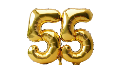 Fifty-five Gold balloon, Number fifty-five balloon made of gold color on transparent  background