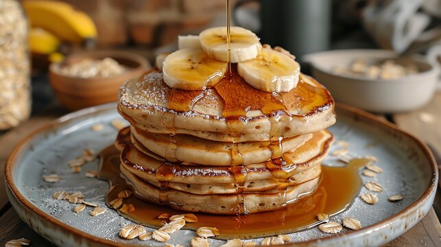 Oatmeal pancakes with a stack of fluffy pancakes, topped with sliced bananas and a drizzle of maple syrup, styled in a cozy kitchen