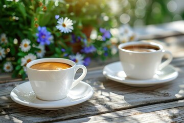 Morning Coffee in a Garden with Blooming Flowers on a Rustic Wooden Table