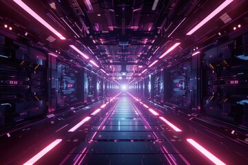 Futuristic Sci-Fi Corridor with Glowing Neon Lights. Digital Art Concept