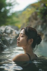 A beautiful woman bathe in a natural hot springs with steam rising, with a softly blurred background of rocky terrain and greenery. 