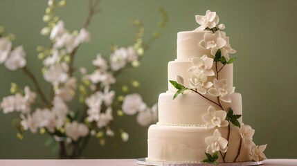 A sophisticated tiered cake decorated with delicate sugar orchids and jasmine flowers, perfect for...