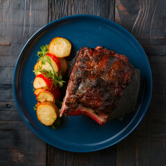 medium rare rib eye Steak full and slice close up