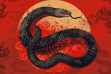 Naklejka premium Intricate Black Snake Illustration Against Red and Gold Background