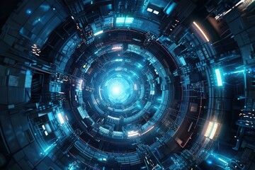 Fototapeta premium Futuristic Sci-Fi Tunnel with Glowing Lights and Technology, Concept Art of Digital Space Travel